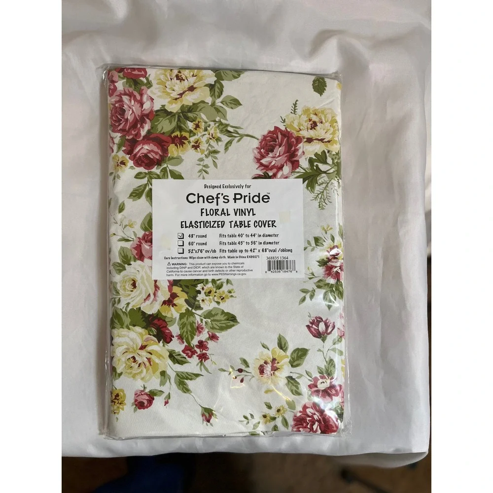 Chef's Pride Floral Vinyl Elasticized Table Cover 48 Inch Round Red Yellow Rose